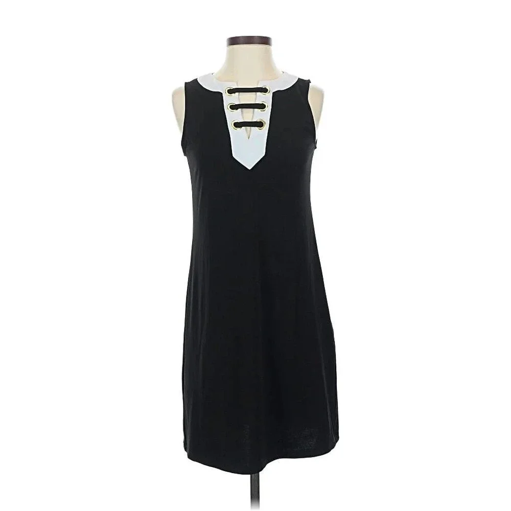 Michael Kors Medium Black White Lace Up Sleeveless V-Neck Tank Mini Tunic Dress